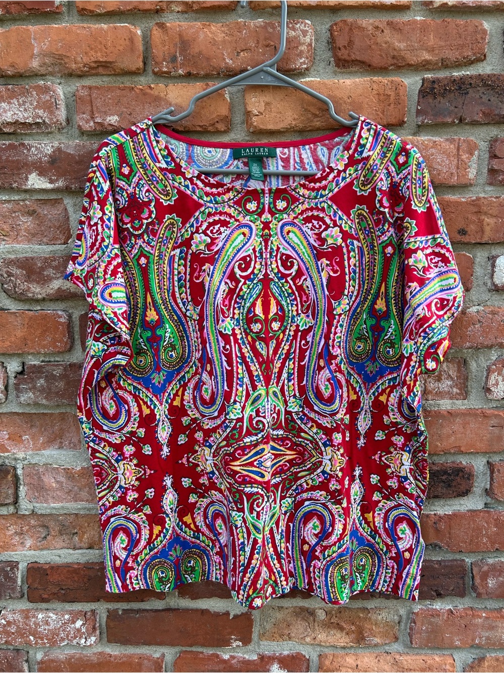Lauren Ralph Lauren Red Paisley Short-Sleeve Top Tee Cotton Size 2X